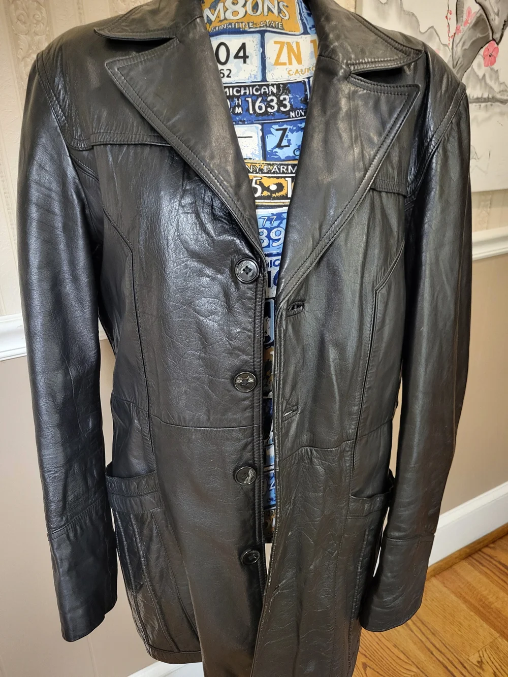 Vtg. Men's Black Leather Button-Front Trench Coat, Size 42, Meduim